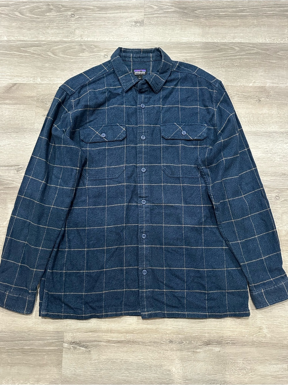 A64 Patagonia Mens Fjord Flannel Shirt Mens L Organic Blue Gray